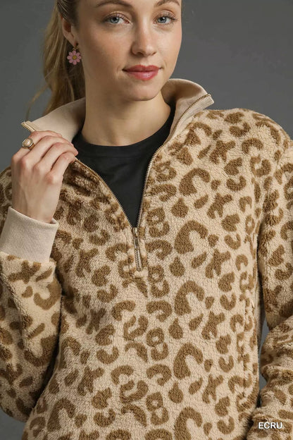 Umgee Leopard Print Quarter - Zip Sweatshirt - Bitsy Gypsy Boutique