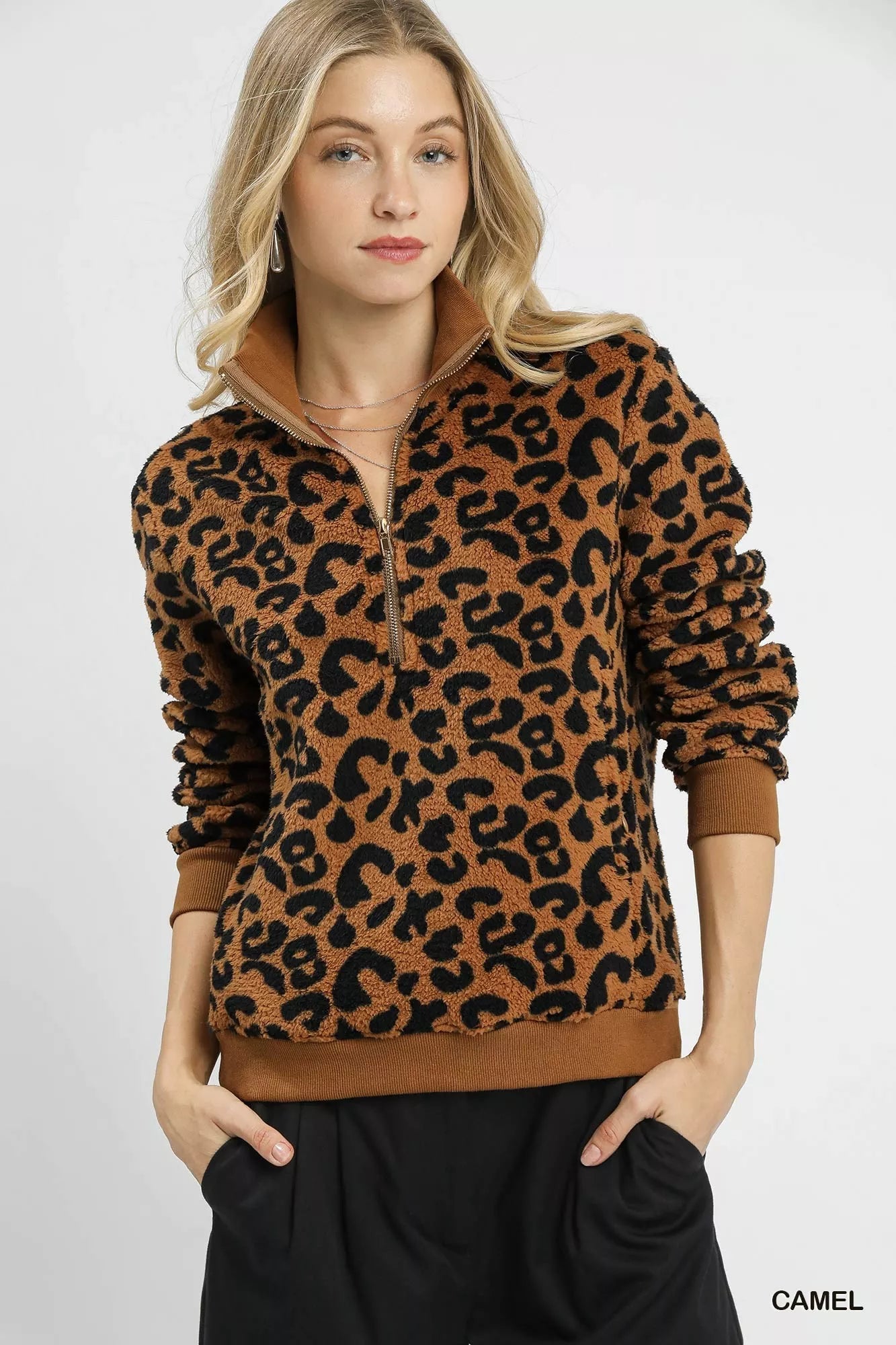 Umgee Leopard Print Quarter - Zip Sweatshirt - Bitsy Gypsy Boutique