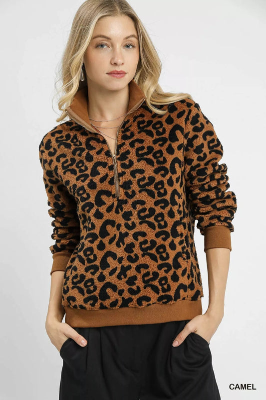 Umgee Leopard Print Quarter - Zip Sweatshirt - Bitsy Gypsy Boutique