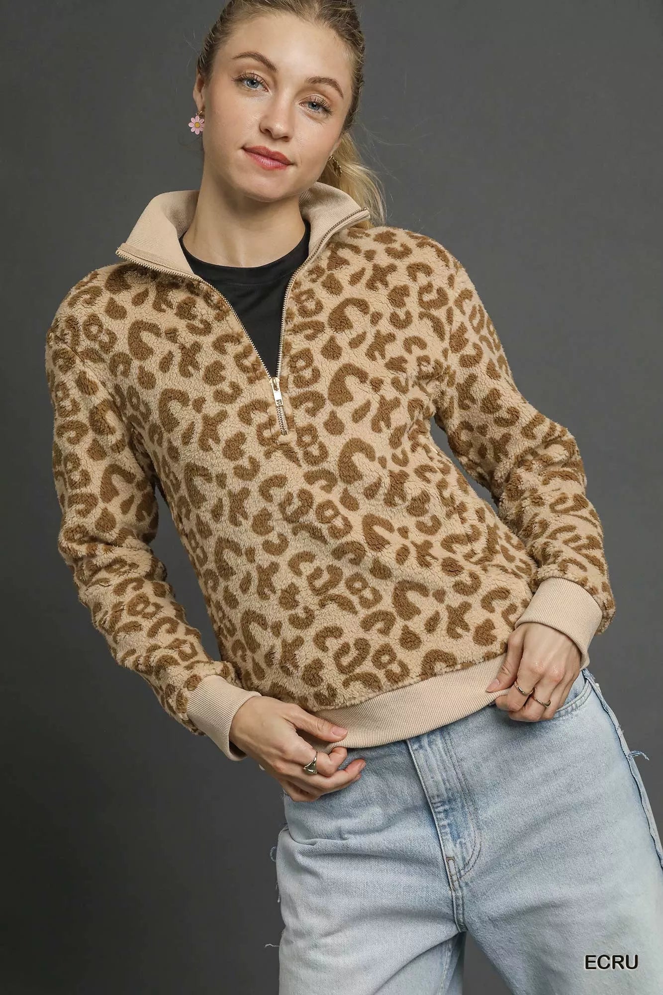 Umgee Leopard Print Quarter - Zip Sweatshirt - Bitsy Gypsy Boutique