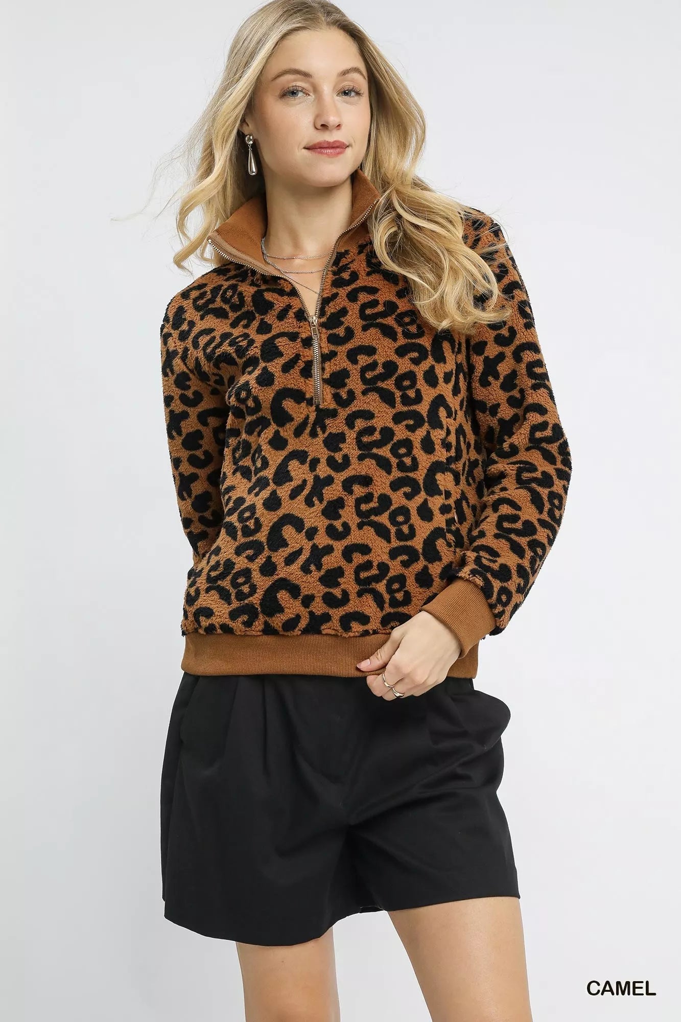 Umgee Leopard Print Quarter - Zip Sweatshirt - Bitsy Gypsy Boutique