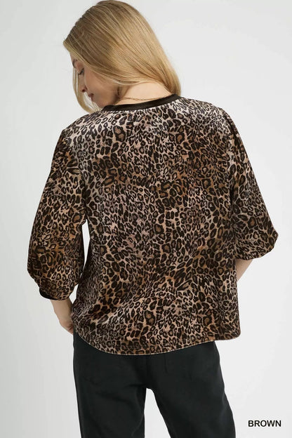Umgee Leopard Round Neck Three - Quarter Sleeve Blouse - Bitsy Gypsy Boutique