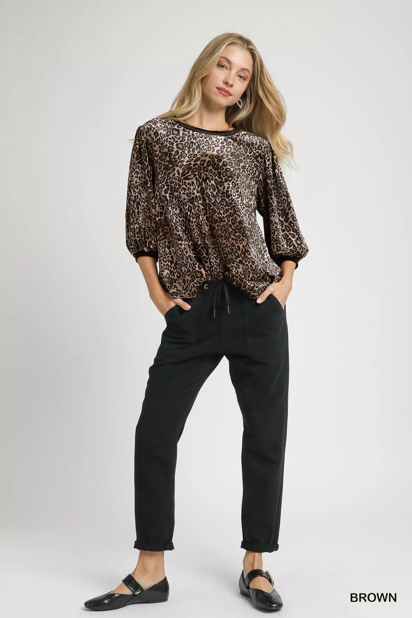 Umgee Leopard Round Neck Three - Quarter Sleeve Blouse - Bitsy Gypsy Boutique