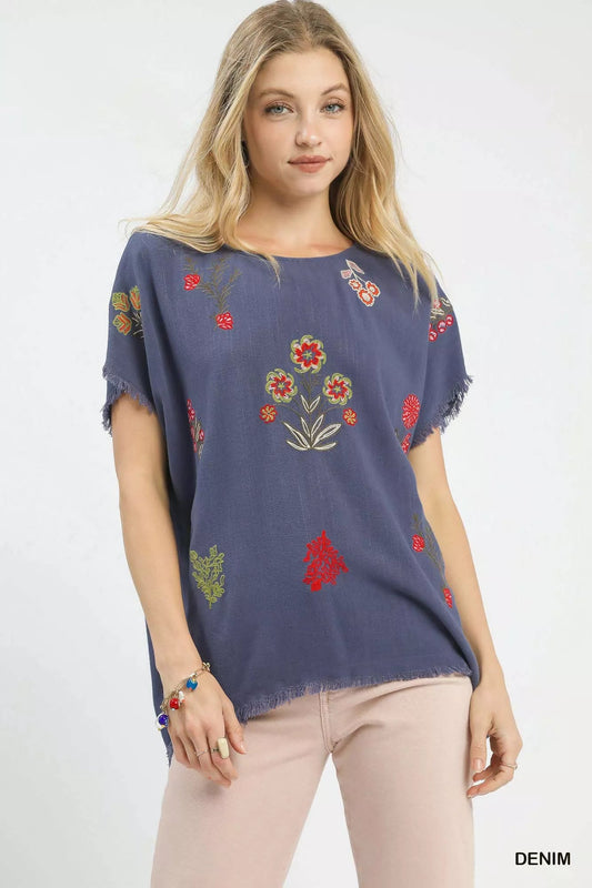 Umgee Linen Blend Embroidered Frayed Hem Top - Bitsy Gypsy Boutique