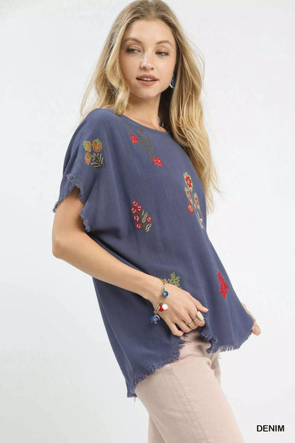 Umgee Linen Blend Embroidered Frayed Hem Top - Bitsy Gypsy Boutique