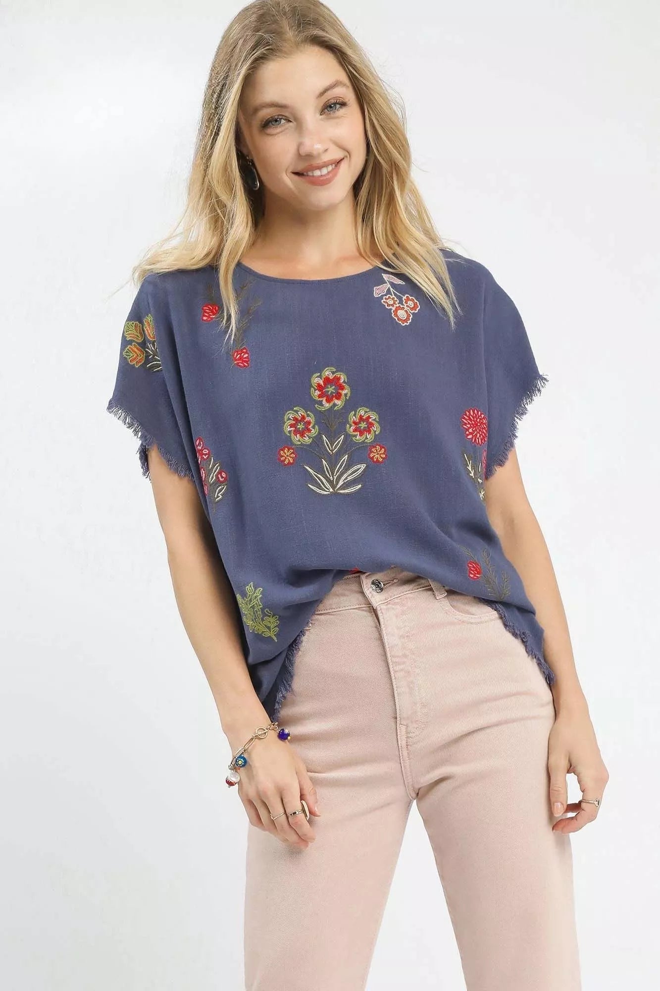 Umgee Linen Blend Embroidered Frayed Hem Top - Bitsy Gypsy Boutique