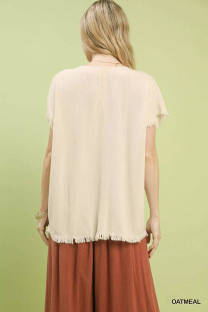 Umgee Linen Blend Embroidered Frayed Hem Top - Bitsy Gypsy Boutique