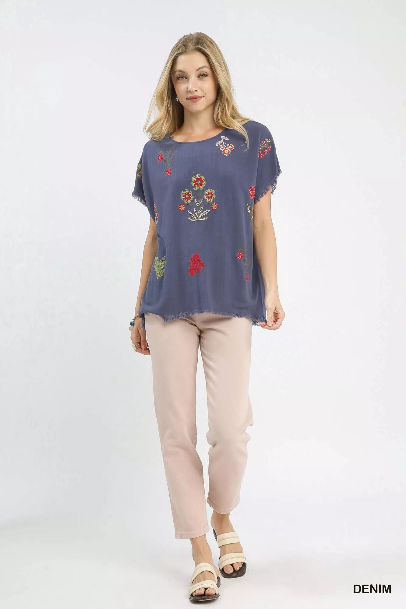 Umgee Linen Blend Embroidered Frayed Hem Top - Bitsy Gypsy Boutique