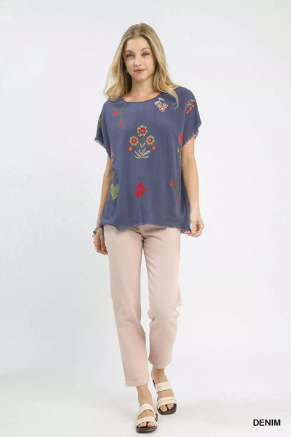 Umgee Linen Blend Embroidered Frayed Hem Top - Bitsy Gypsy Boutique
