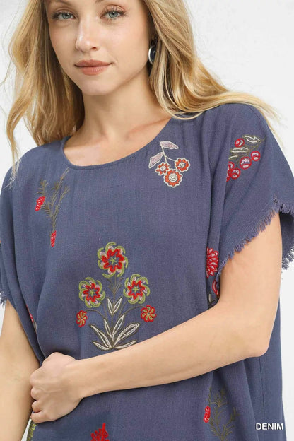 Umgee Linen Blend Embroidered Frayed Hem Top - Bitsy Gypsy Boutique