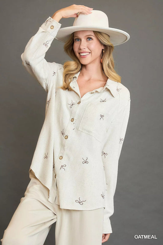 Umgee Linen Blend Fitted Shirt with Ribbon Embroidery Details - Bitsy Gypsy Boutique