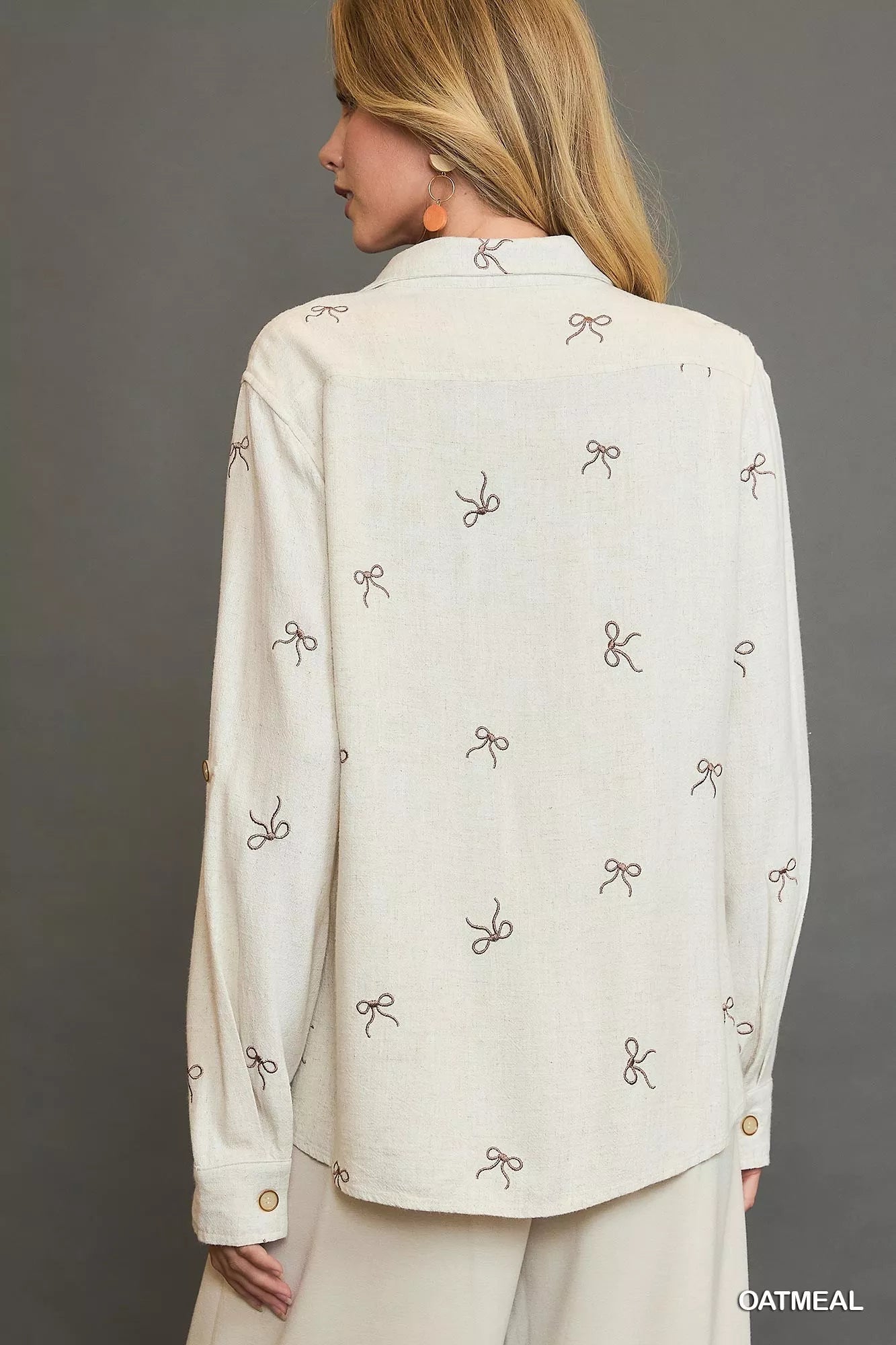 Umgee Linen Blend Fitted Shirt with Ribbon Embroidery Details - Bitsy Gypsy Boutique