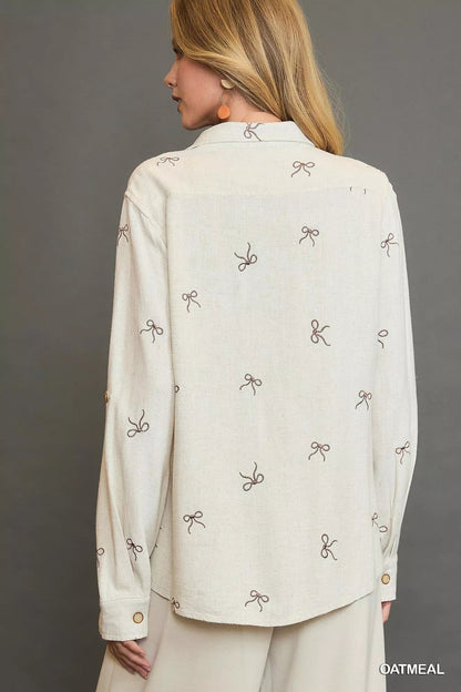 Umgee Linen Blend Fitted Shirt with Ribbon Embroidery Details - Bitsy Gypsy Boutique
