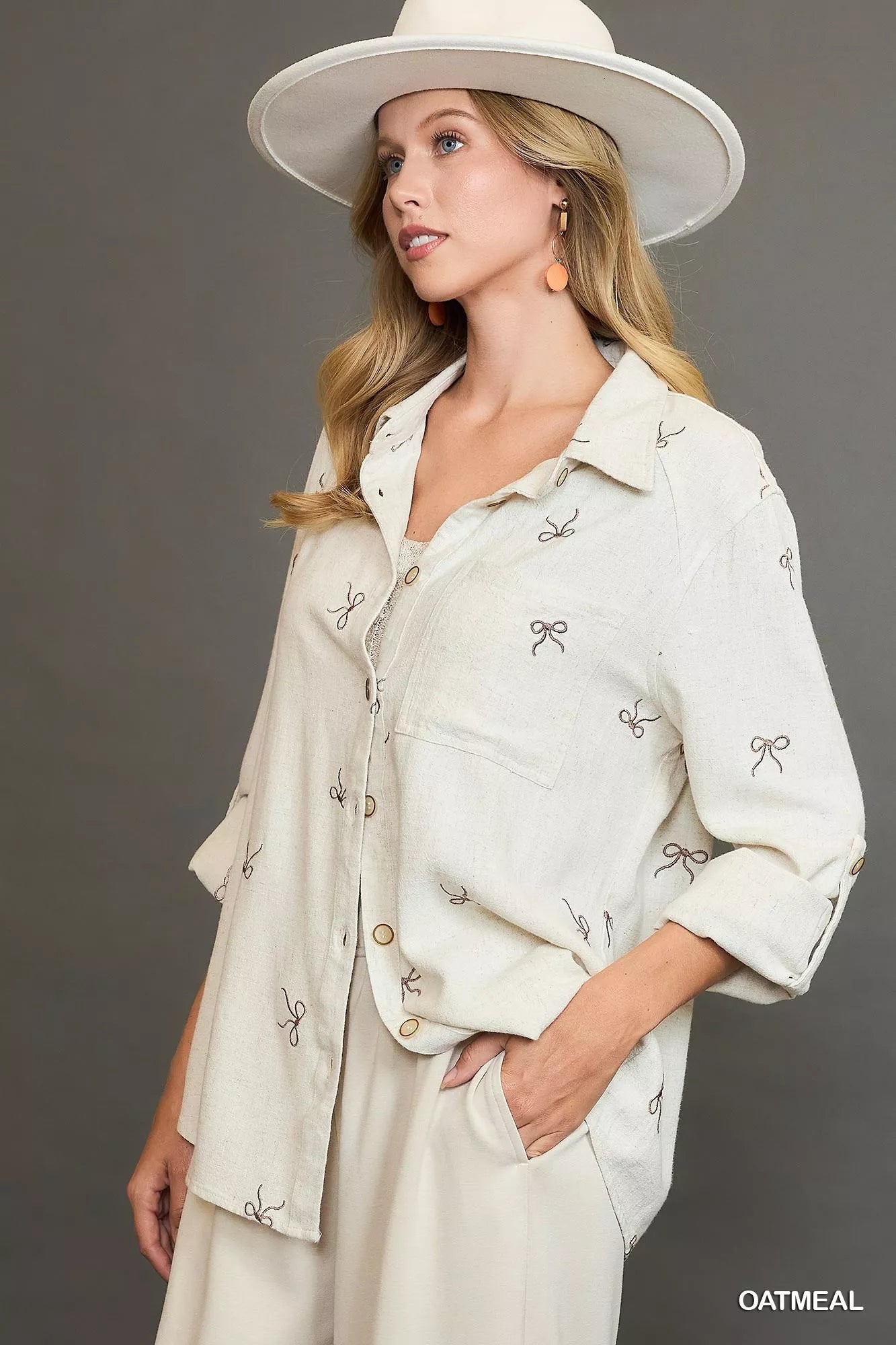 Umgee Linen Blend Fitted Shirt with Ribbon Embroidery Details - Bitsy Gypsy Boutique