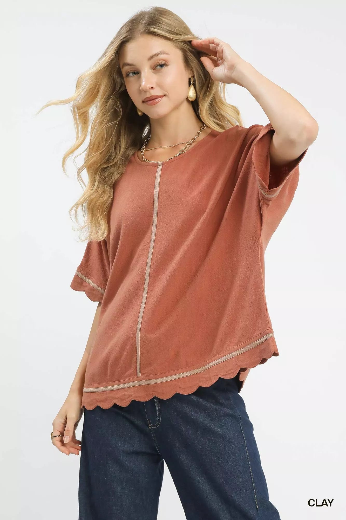 Umgee Linen Blend Scallop Trim Top - Bitsy Gypsy Boutique
