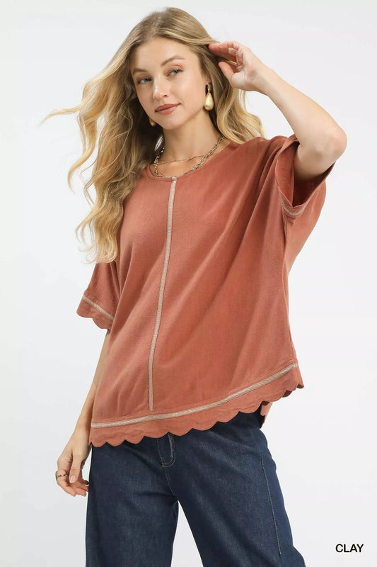 Umgee Linen Blend Scallop Trim Top - Bitsy Gypsy Boutique
