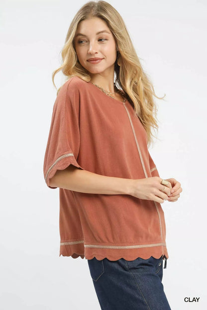 Umgee Linen Blend Scallop Trim Top - Bitsy Gypsy Boutique