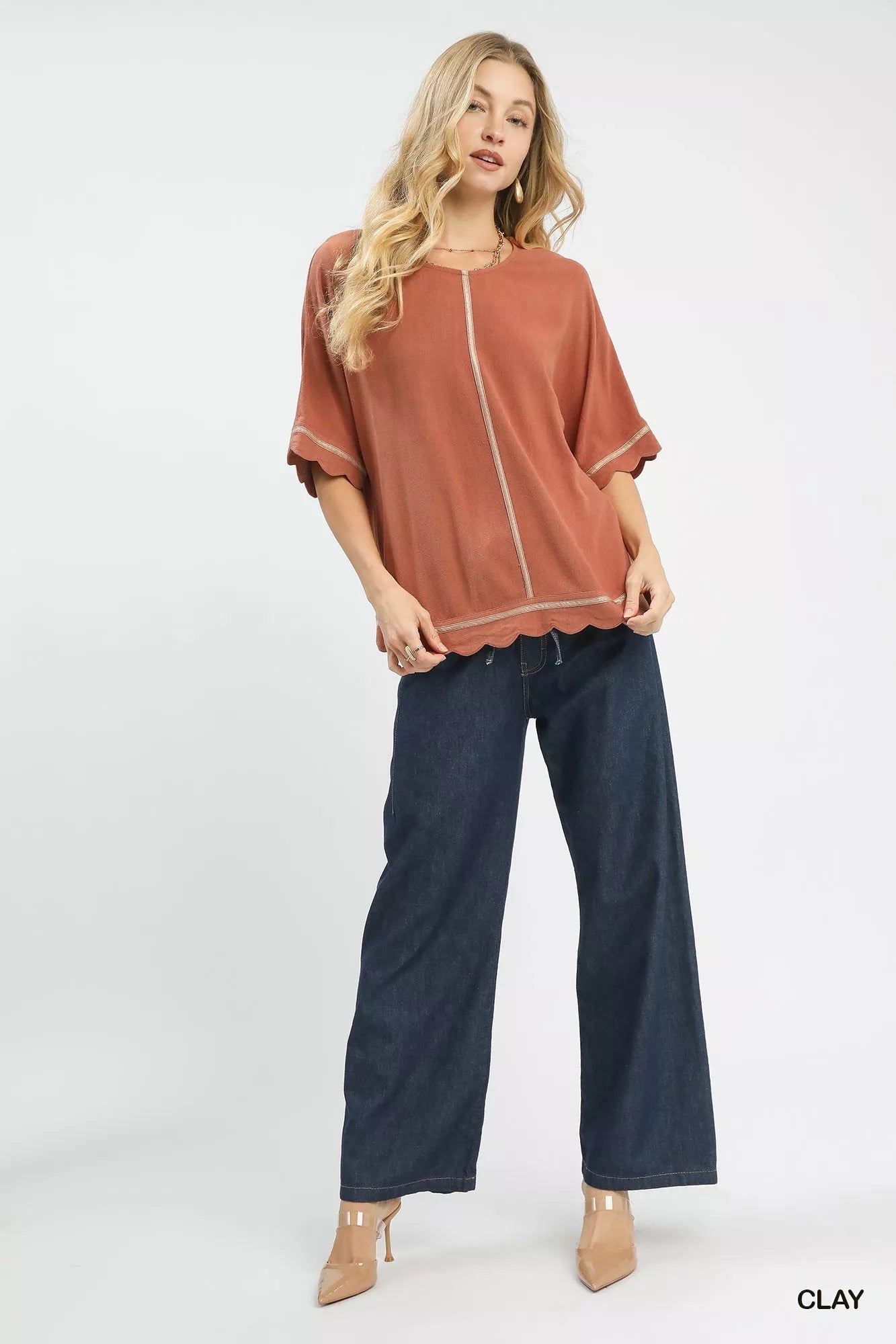 Umgee Linen Blend Scallop Trim Top - Bitsy Gypsy Boutique