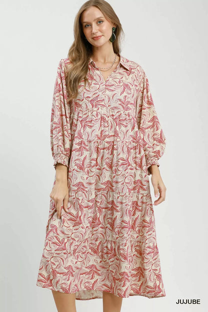 Umgee Linen Botanical Print Tiered Midi Dress - Bitsy Gypsy Boutique