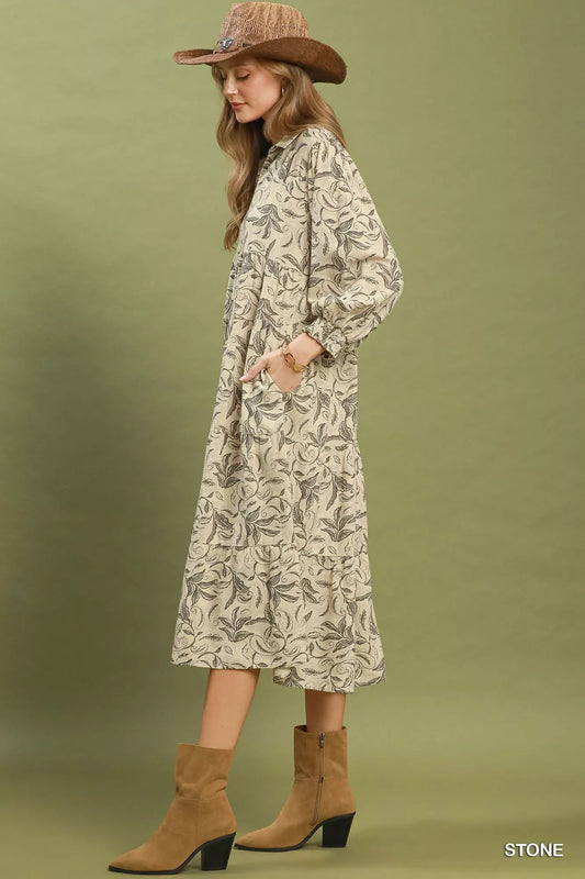Umgee Linen Botanical Print Tiered Midi Dress - Bitsy Gypsy Boutique