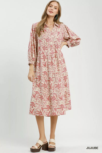 Umgee Linen Botanical Print Tiered Midi Dress - Bitsy Gypsy Boutique