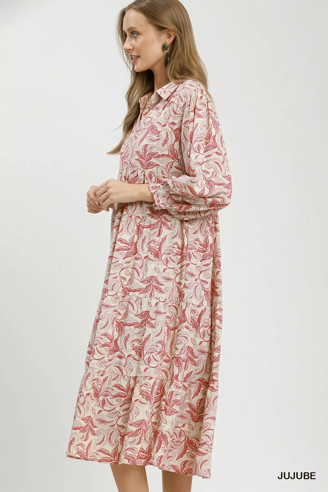 Umgee Linen Botanical Print Tiered Midi Dress - Bitsy Gypsy Boutique