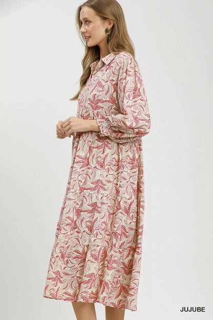 Umgee Linen Botanical Print Tiered Midi Dress - Bitsy Gypsy Boutique