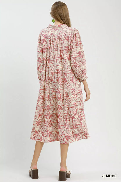 Umgee Linen Botanical Print Tiered Midi Dress - Bitsy Gypsy Boutique