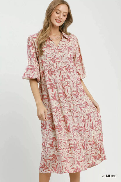 Umgee Linen Botanical Print Tiered Midi Dress - Bitsy Gypsy Boutique