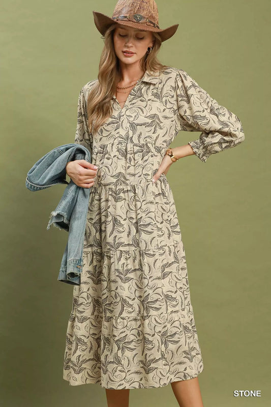 Umgee Linen Botanical Print Tiered Midi Dress - Bitsy Gypsy Boutique