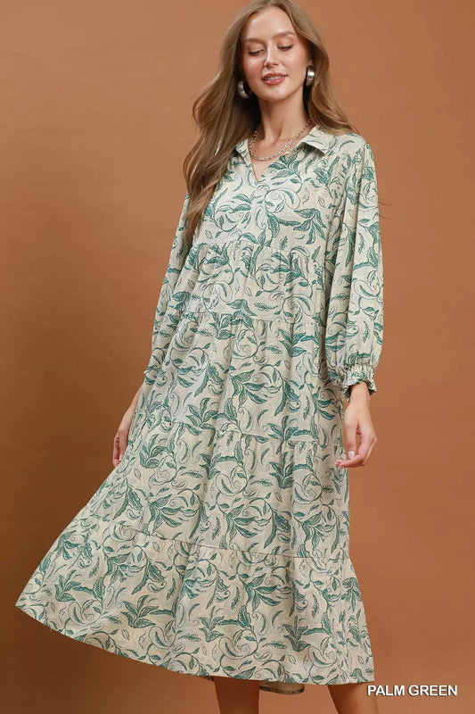 Umgee Linen Botanical Print Tiered Midi Dress - Bitsy Gypsy Boutique