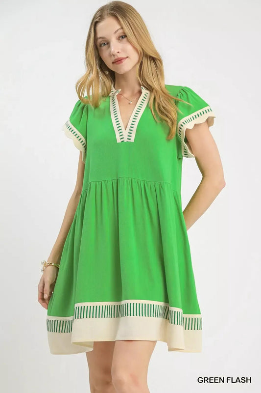 Umgee Linen Color Block Flutter Sleeve Dress - Bitsy Gypsy Boutique