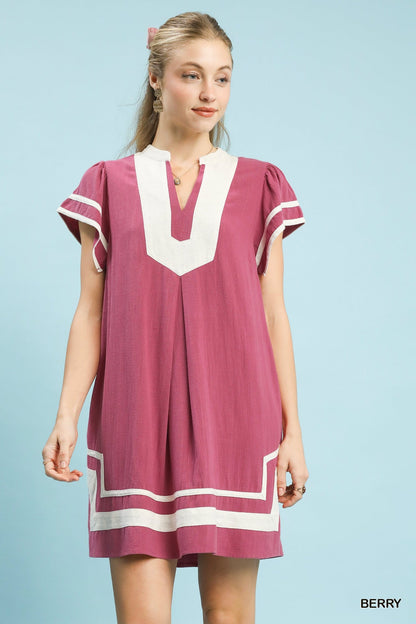 Umgee Linen Contrast Trim Short Sleeve Dress - Bitsy Gypsy Boutique