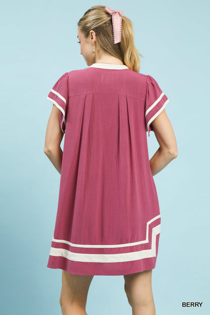 Umgee Linen Contrast Trim Short Sleeve Dress - Bitsy Gypsy Boutique