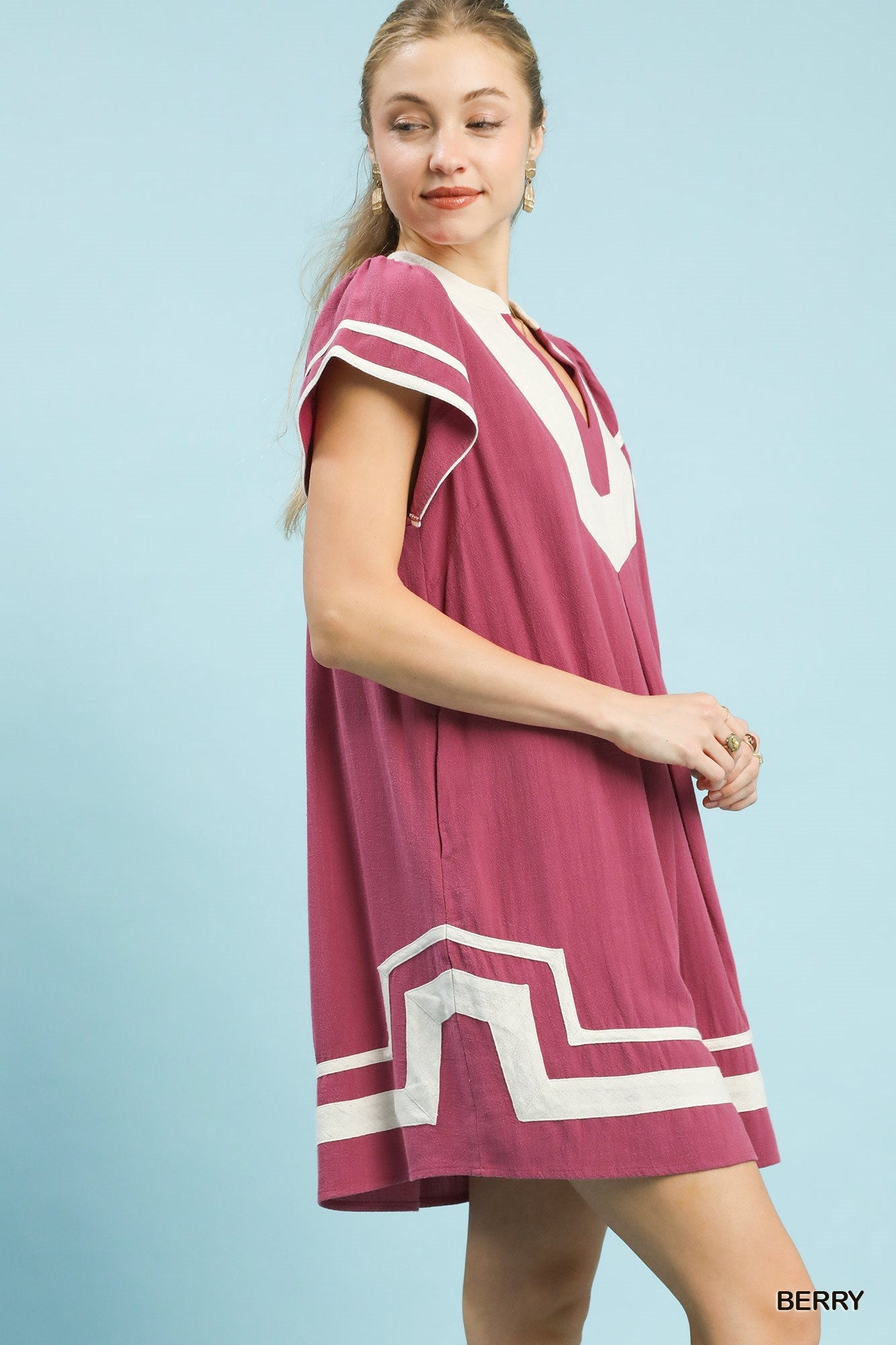 Umgee Linen Contrast Trim Short Sleeve Dress - Bitsy Gypsy Boutique