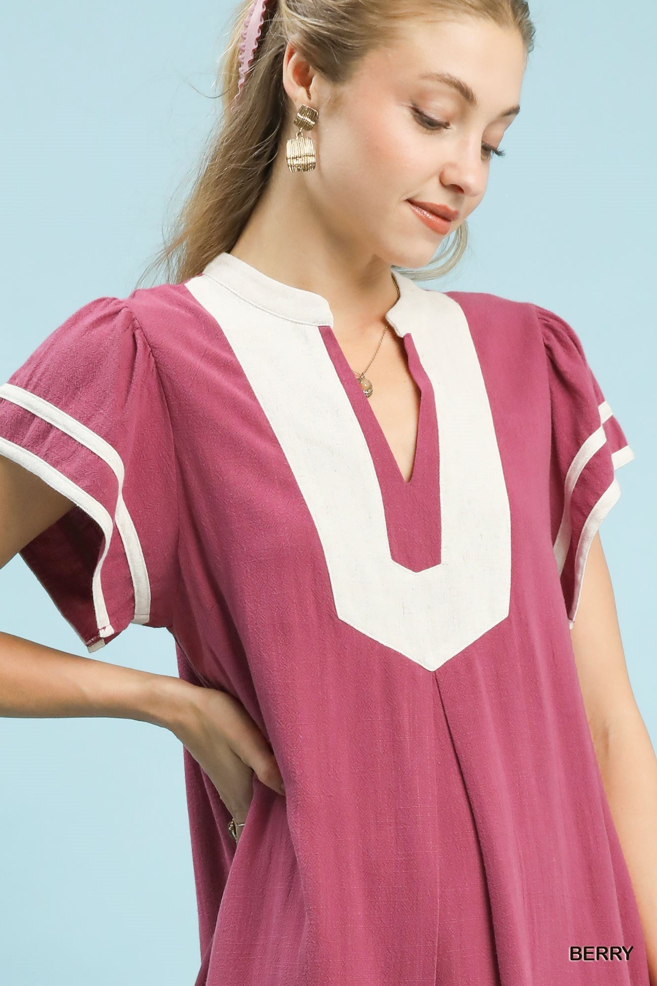 Umgee Linen Contrast Trim Short Sleeve Dress - Bitsy Gypsy Boutique