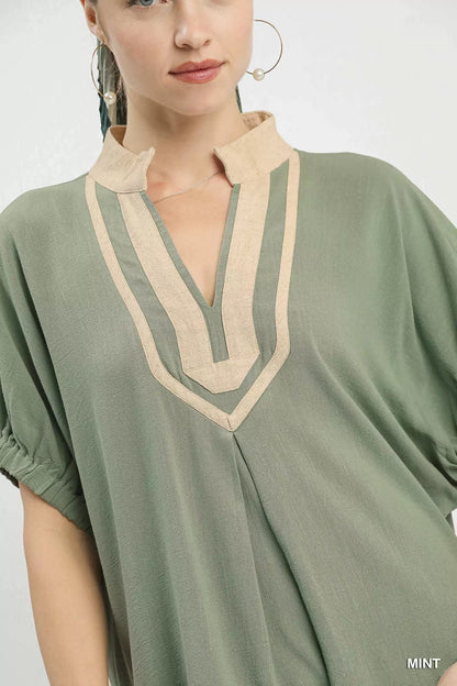 Umgee Linen Contrast Trim V - Neck Blouse - Bitsy Gypsy Boutique