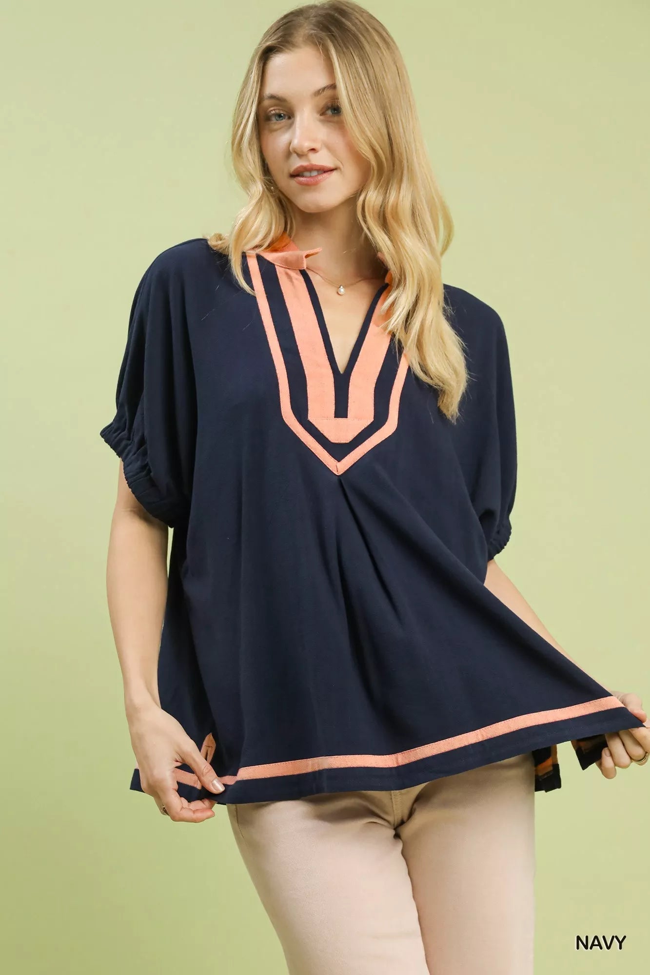 Umgee Linen Contrast Trim V - Neck Blouse - Bitsy Gypsy Boutique
