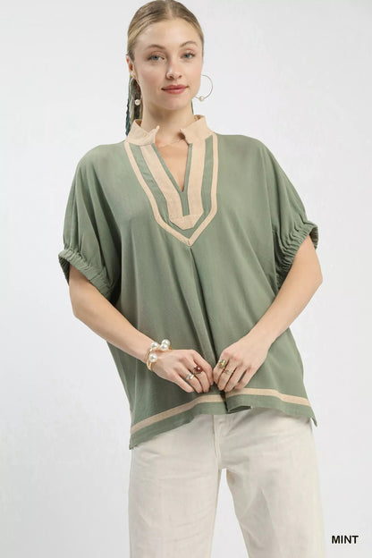 Umgee Linen Contrast Trim V - Neck Blouse - Bitsy Gypsy Boutique