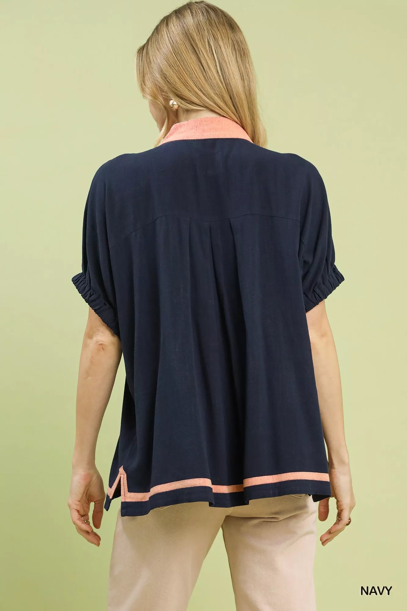 Umgee Linen Contrast Trim V - Neck Blouse - Bitsy Gypsy Boutique