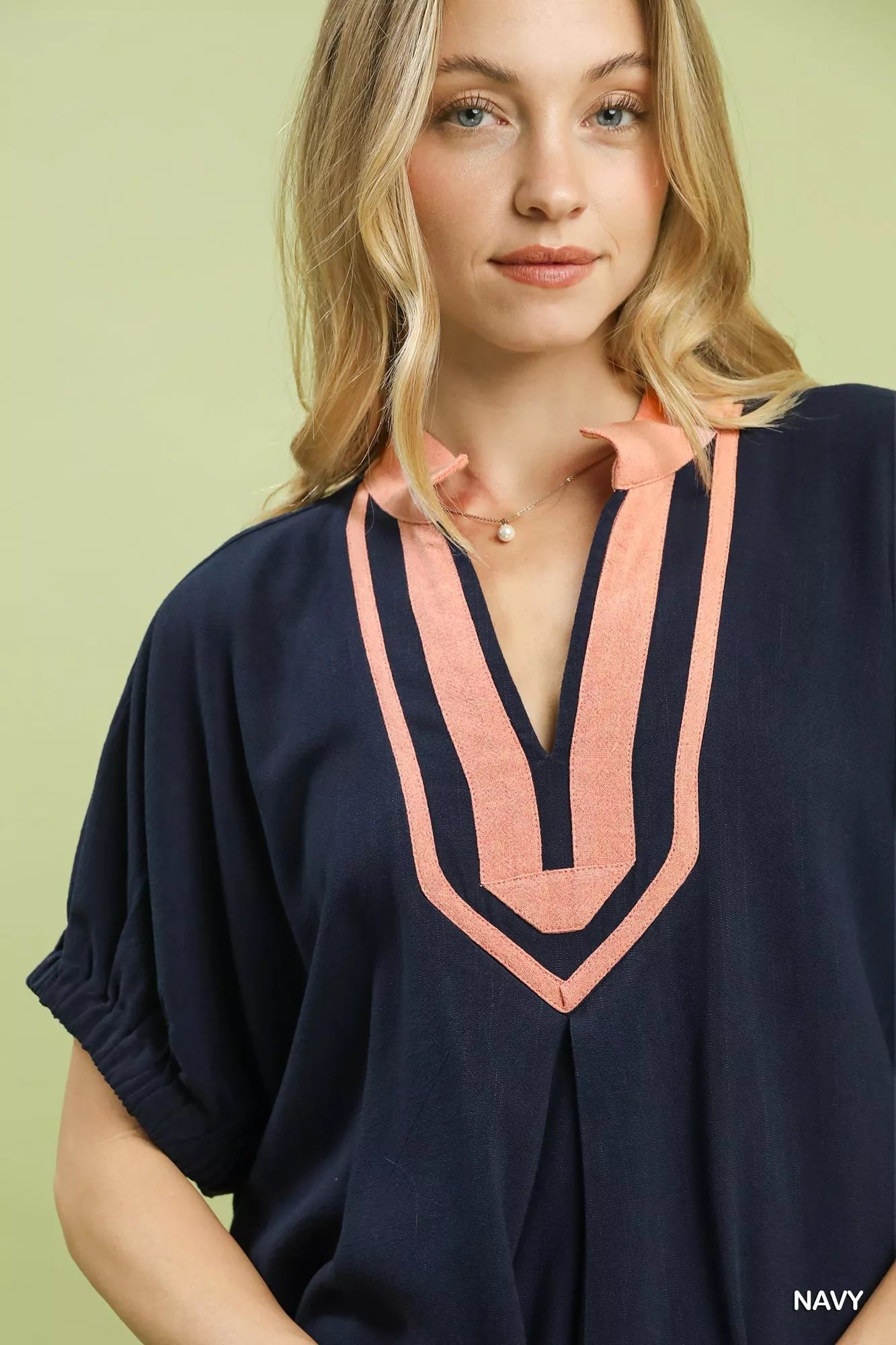 Umgee Linen Contrast Trim V - Neck Blouse - Bitsy Gypsy Boutique