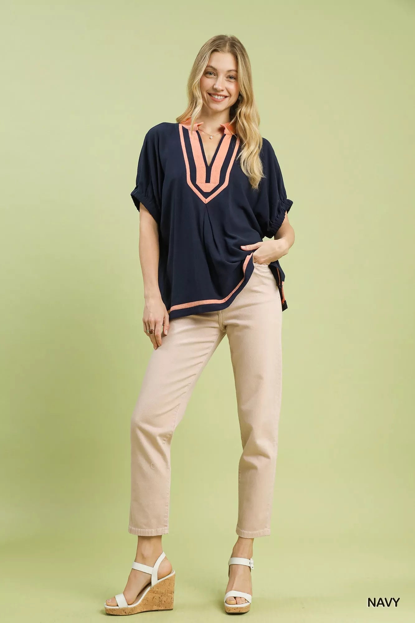 Umgee Linen Contrast Trim V - Neck Blouse - Bitsy Gypsy Boutique