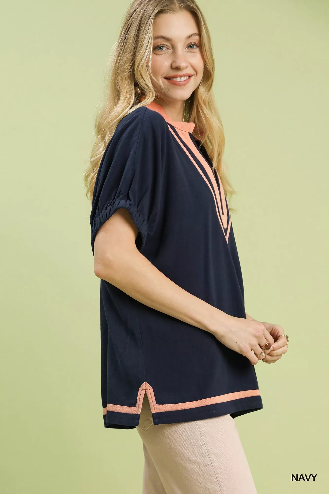 Umgee Linen Contrast Trim V - Neck Blouse - Bitsy Gypsy Boutique