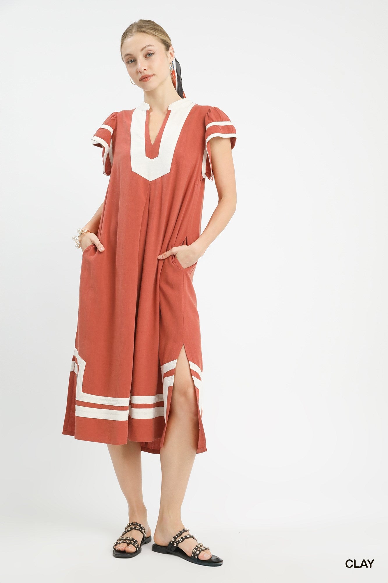 Umgee Linen Cotton Contrast Neckline Midi Dress - Bitsy Gypsy Boutique