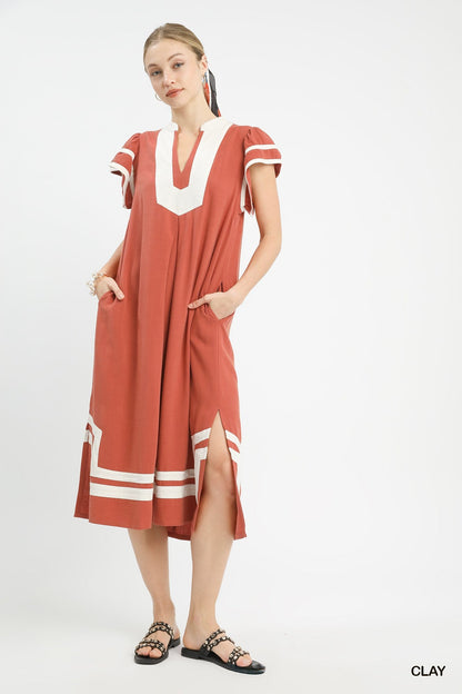 Umgee Linen Cotton Contrast Neckline Midi Dress - Bitsy Gypsy Boutique