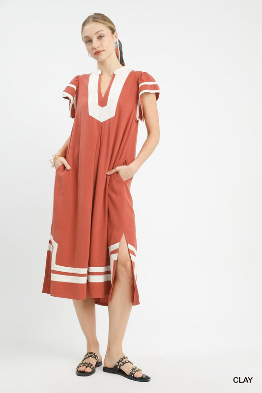Umgee Linen Cotton Contrast Neckline Midi Dress - Bitsy Gypsy Boutique