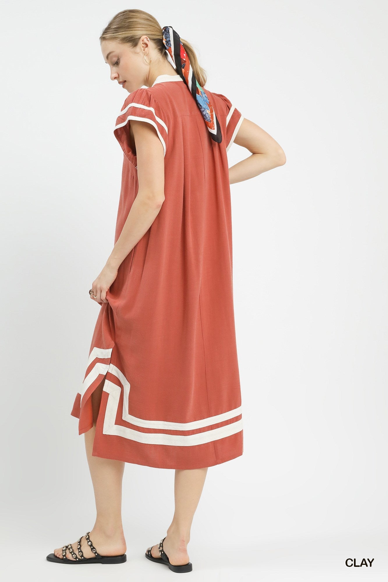 Umgee Linen Cotton Contrast Neckline Midi Dress - Bitsy Gypsy Boutique