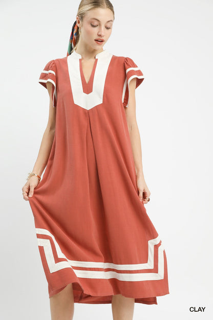 Umgee Linen Cotton Contrast Neckline Midi Dress - Bitsy Gypsy Boutique