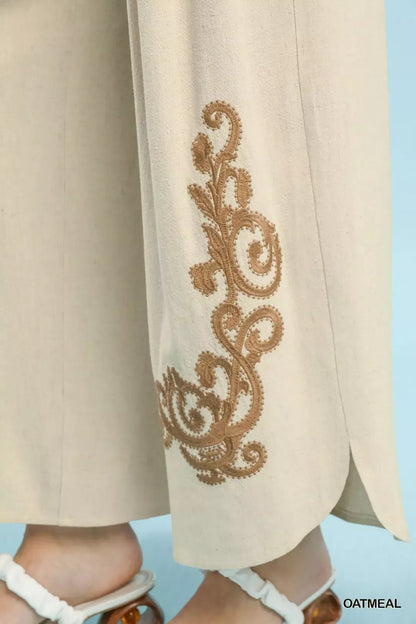 Umgee Linen Embroidered Wide - Leg Boho Pants - Bitsy Gypsy Boutique