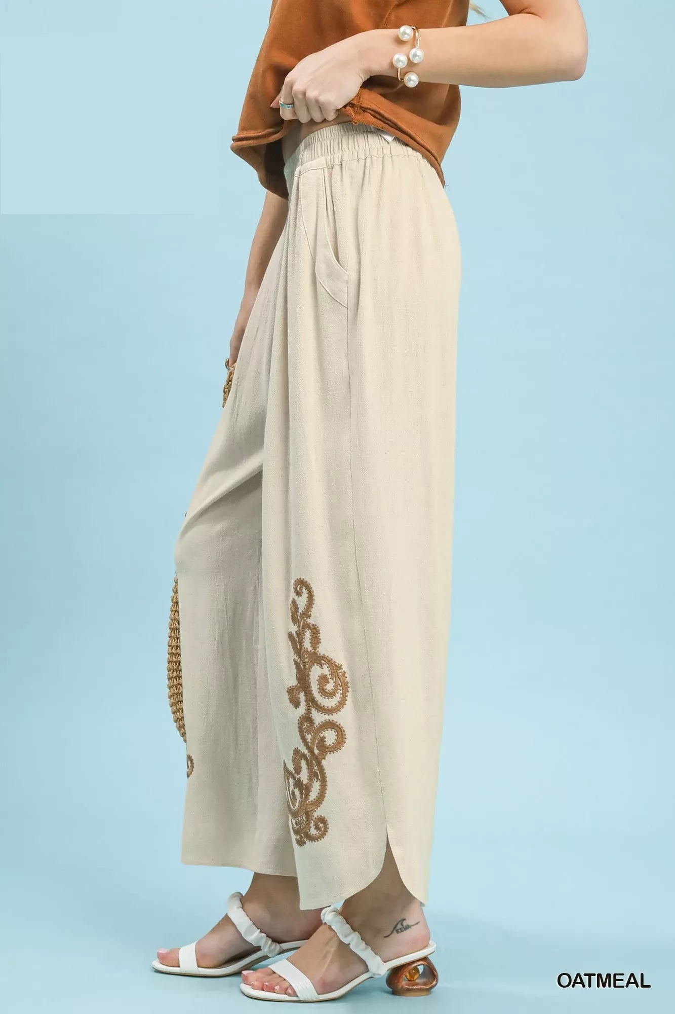 Umgee Linen Embroidered Wide - Leg Boho Pants - Bitsy Gypsy Boutique
